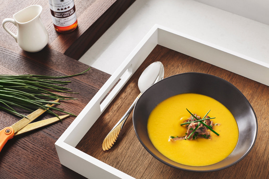 Potage citrouille potiron, confit de canard et Sirop d’érable La Mirablière