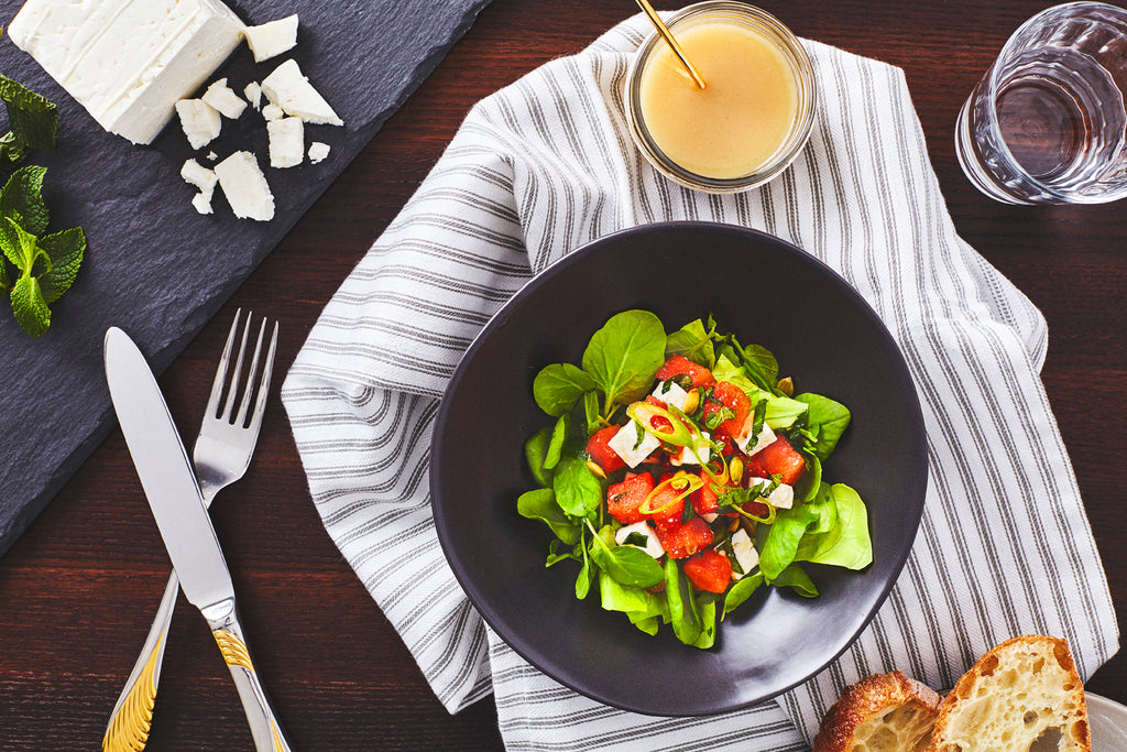 Salade féta, pastèque, menthe, cresson vinaigrette Sirop d’érable La Mirablière érable
